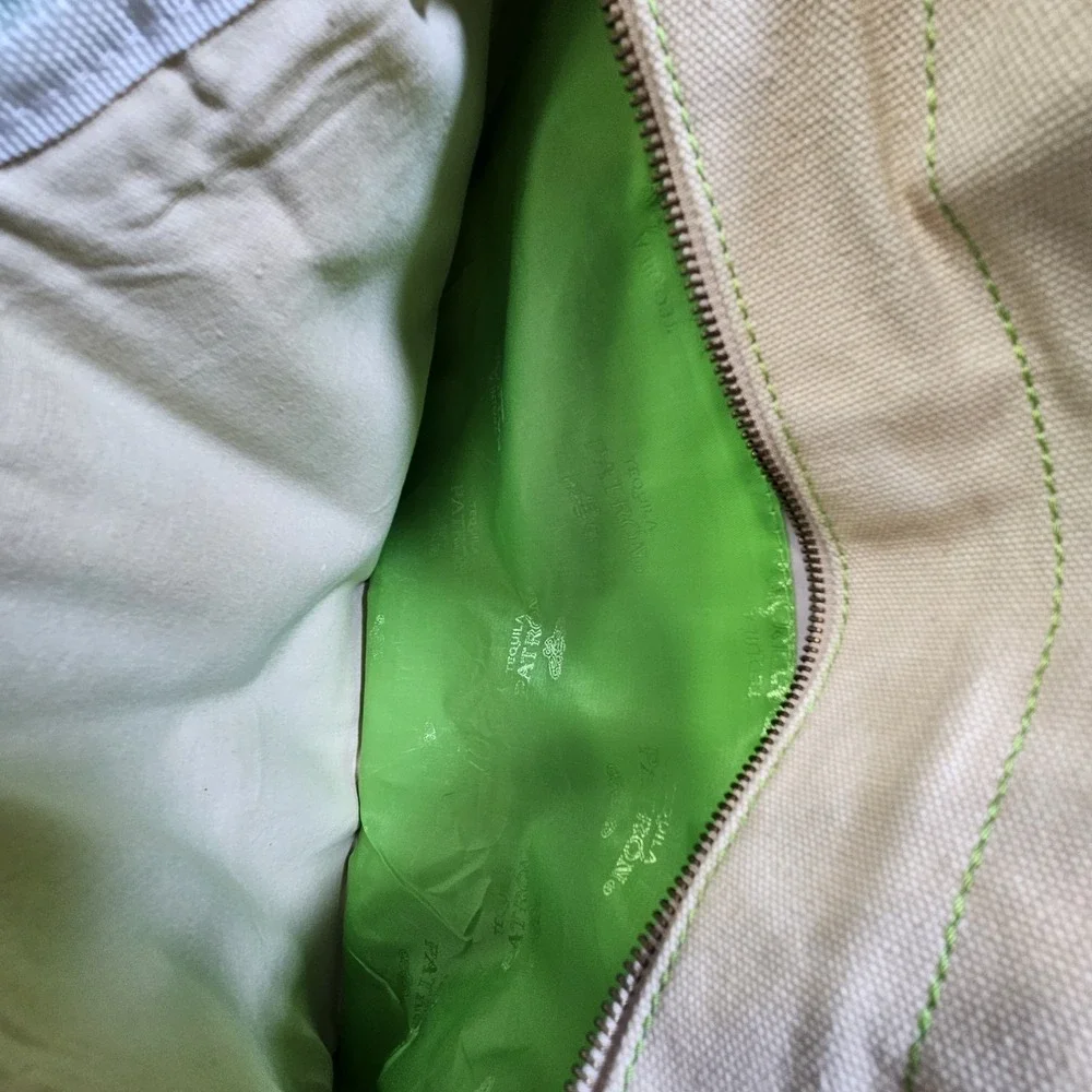 Patron‎ Tequila Canvas Tote Bag Brown Leather Trim Green Lining Insulated Pocket